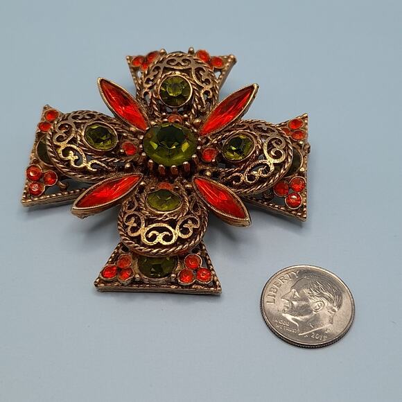 Vintage EMMONS Maltese CROSS Filigree Rhinestone Goldtone Brooch Pin Signed - Picture 7 of 10